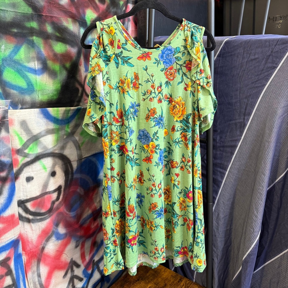 Nostalgia Green Floral Cold Shoulder Ruffle Swing Dress Large NEW Boho Flowy